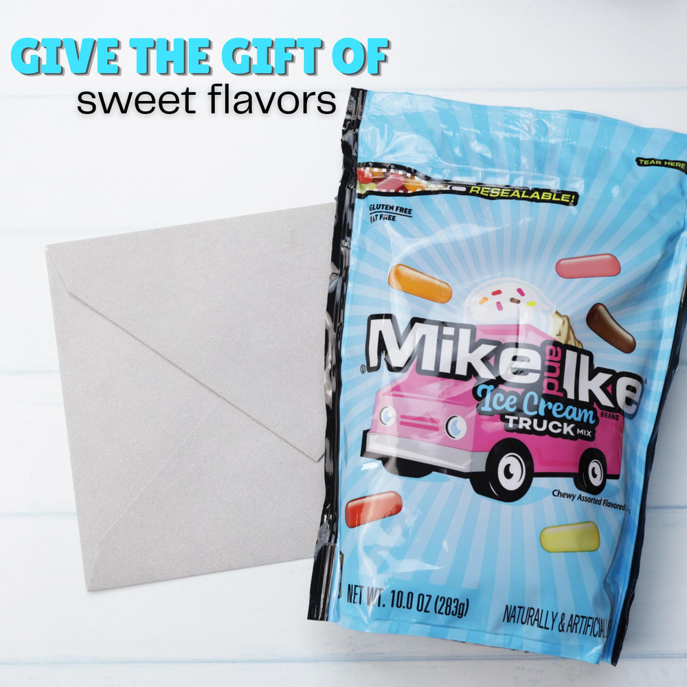 Sweetzo Mike and Ike open resealable zip bag demonstrating freshness and easy access