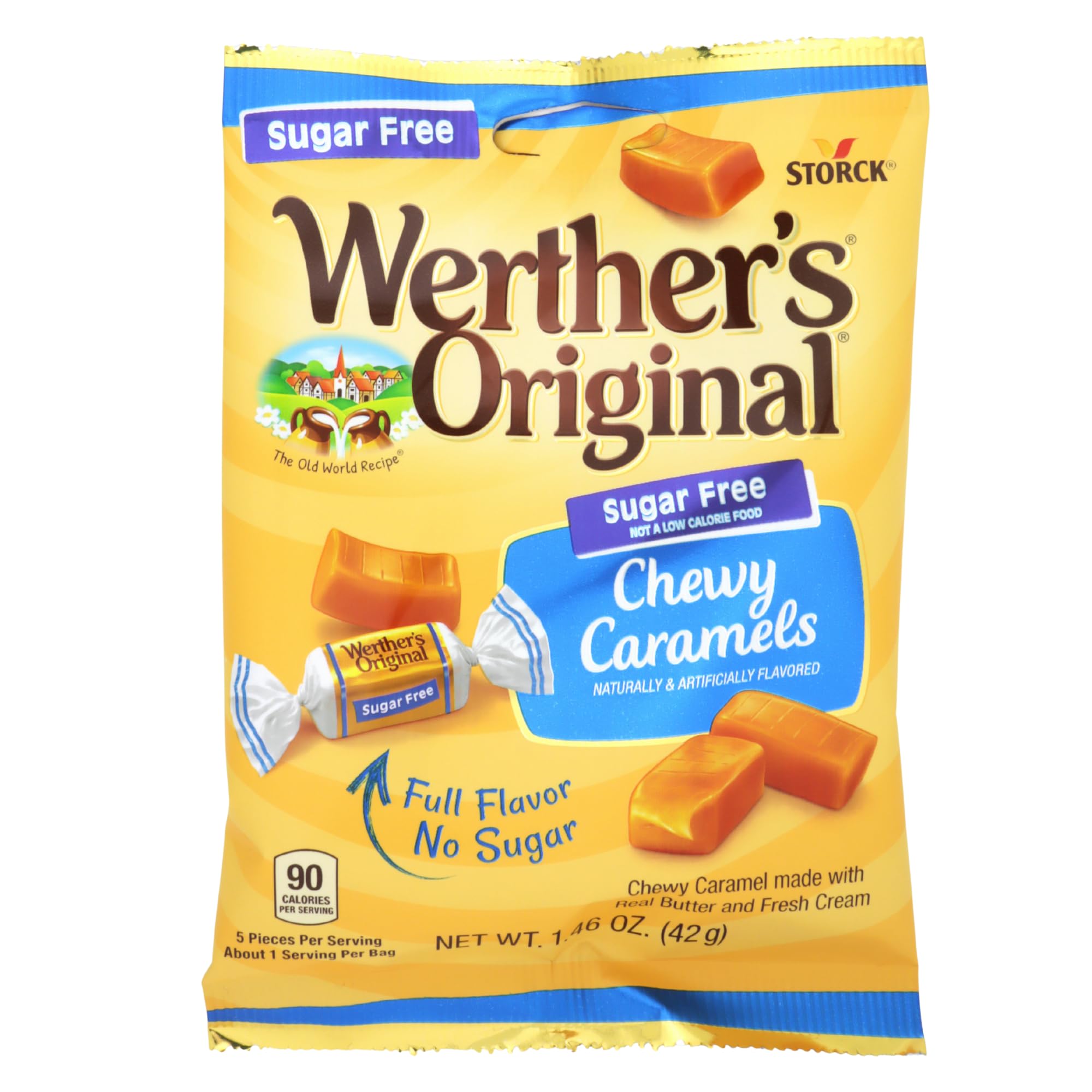 Sweetzo Werther's unwrapped caramel on plate demonstrating chew softness and serving suggestion