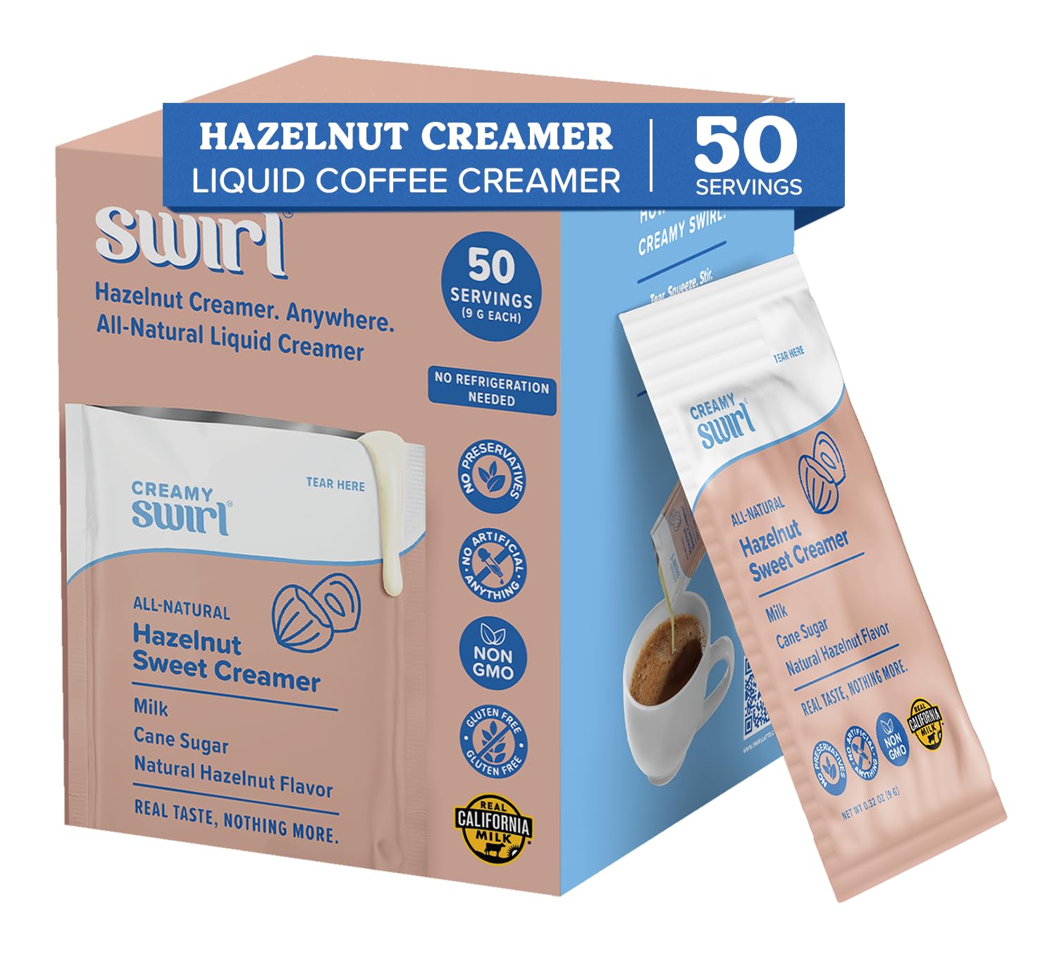 Swirl front packaging showing 50-pack and hazelnut flavor benefit convenience