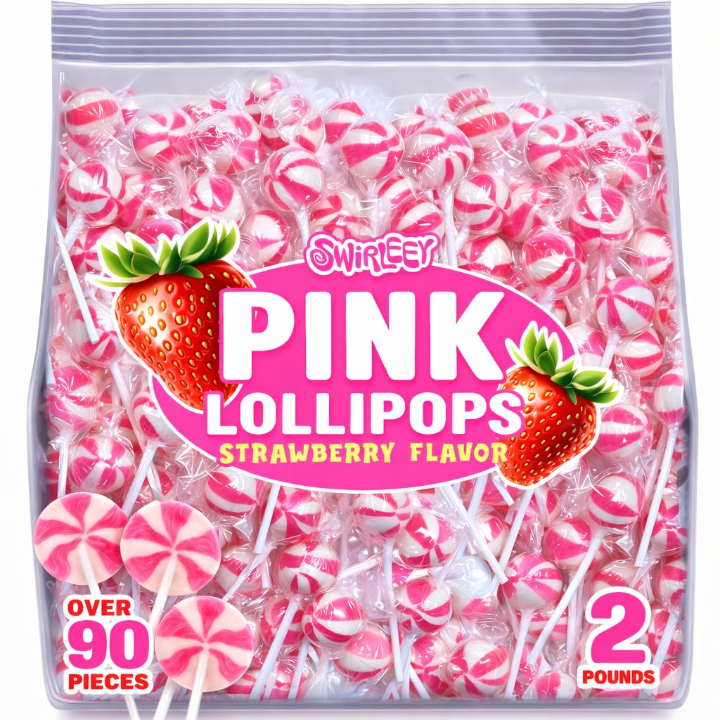 SWIRLEEY front packaging showing bag of pink strawberry lollipops and benefit: easy party supply