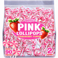 SWIRLEEY front packaging showing bag of pink strawberry lollipops and benefit: easy party supply