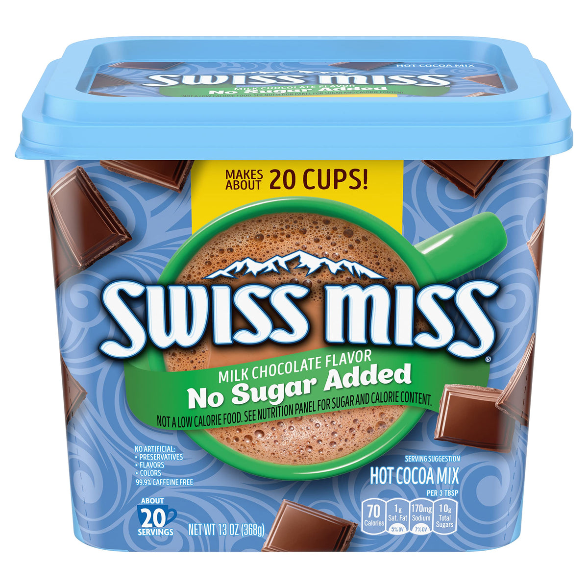Swiss Miss front canister showing label and size for easy identification and storage
