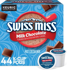 Swiss Miss front packaging showing 44-count K-Cup pack and convenience
