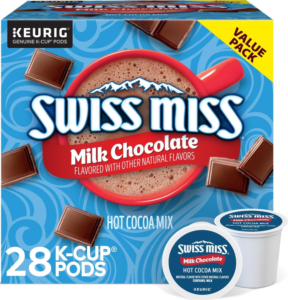 Swiss Miss front packaging showing 28-count pods and quick convenience