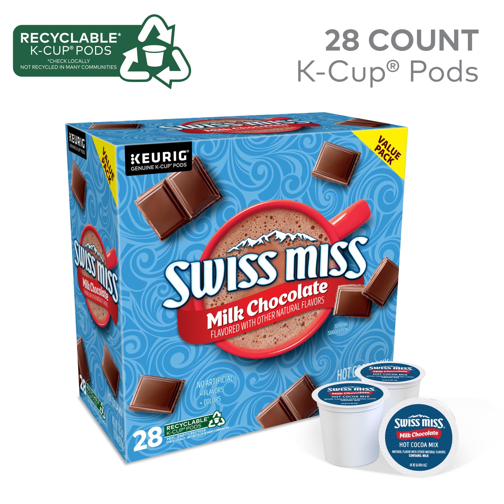Swiss Miss K-Cup pod top view highlighting brand and easy brewing