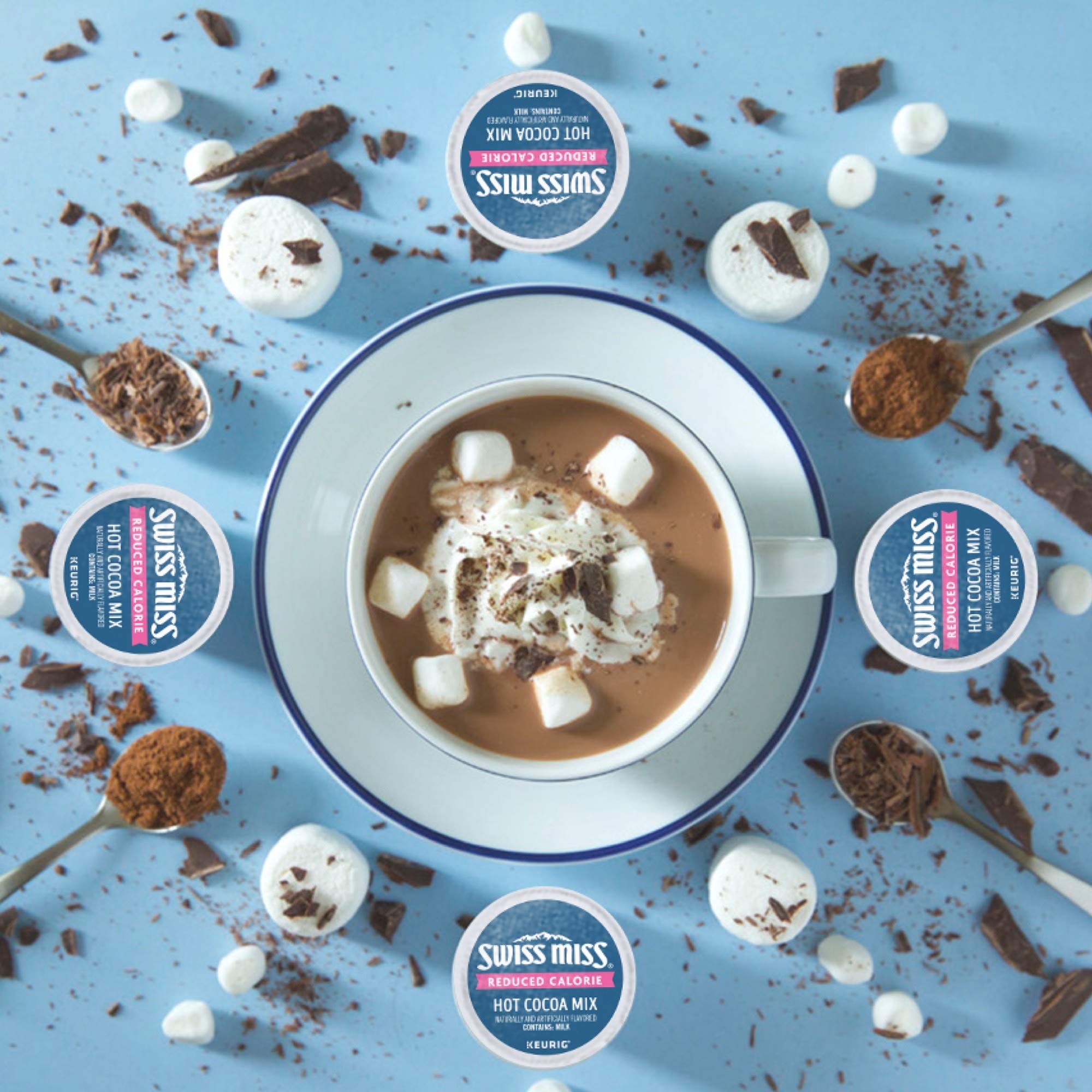 Swiss Miss cup served with marshmallows emphasizing customizable cozy toppings