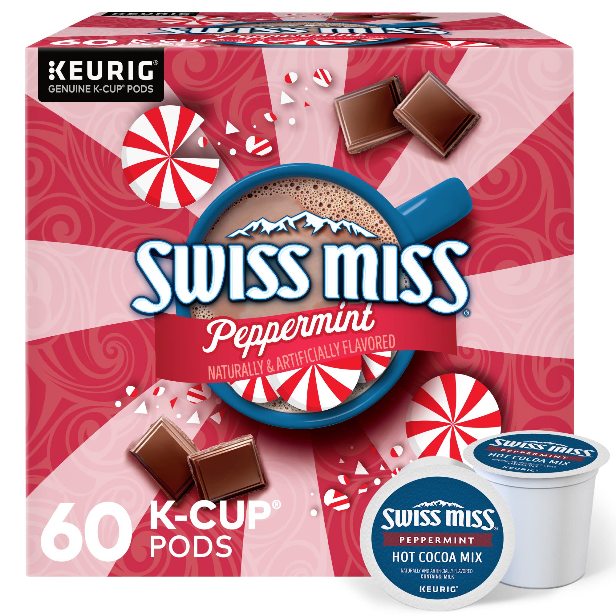Swiss Miss front packaging showing peppermint hot cocoa pods and branding benefits