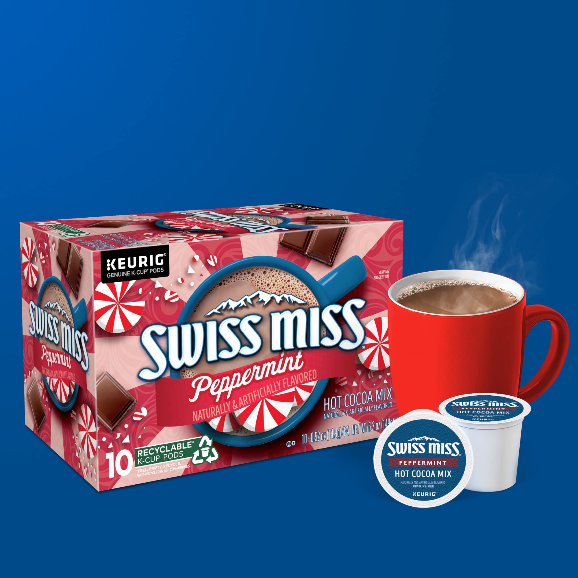 Cup of Swiss Miss peppermint cocoa on table with pods beside for quick service