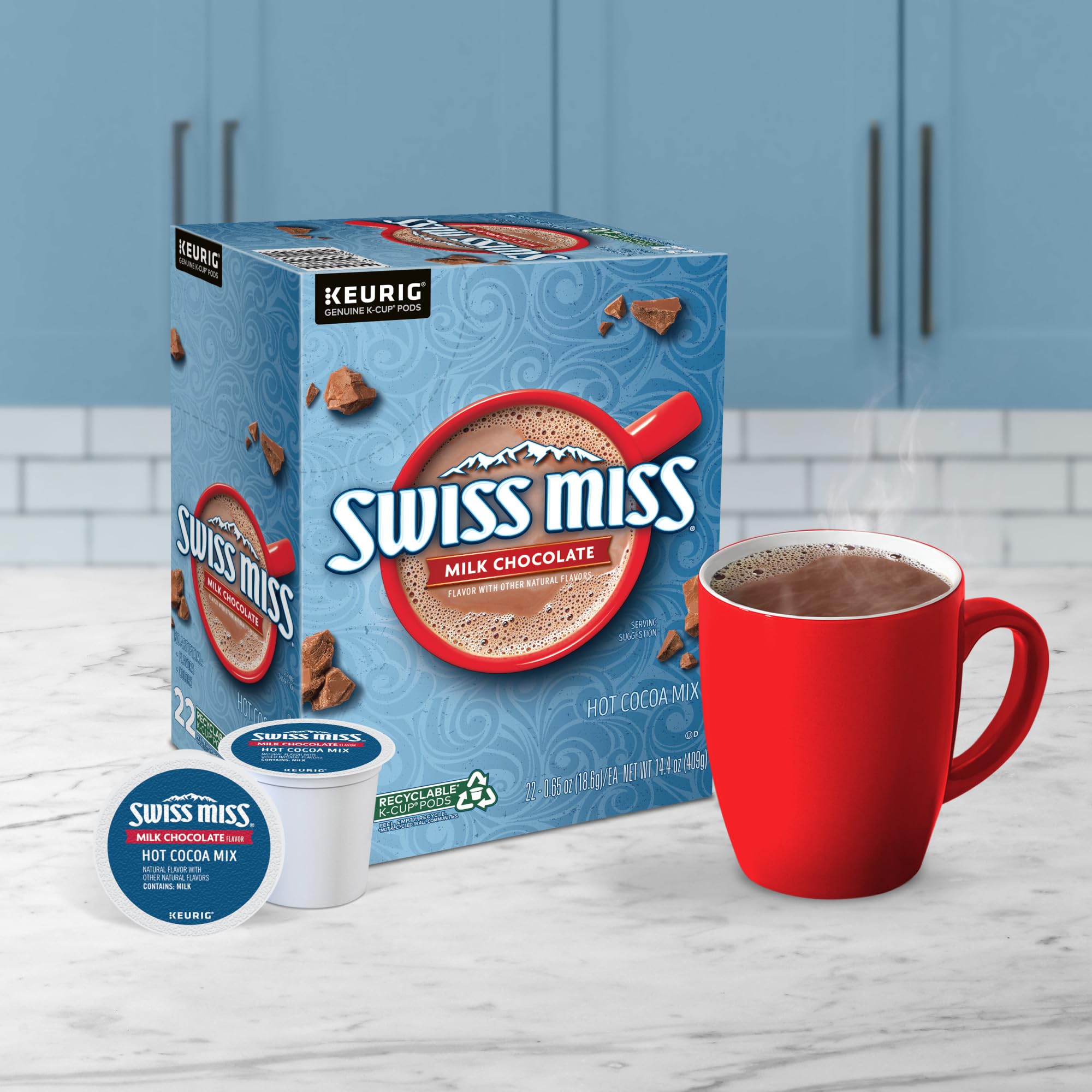 Swiss Miss mug next to measuring tape showing serving size clarity