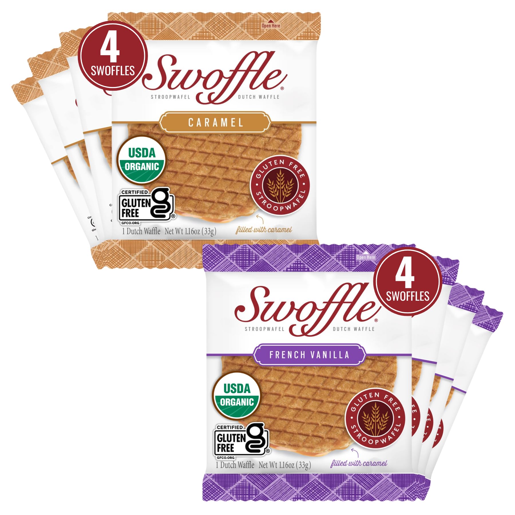 Swoffle front packaging box showing flavor variety and certifications