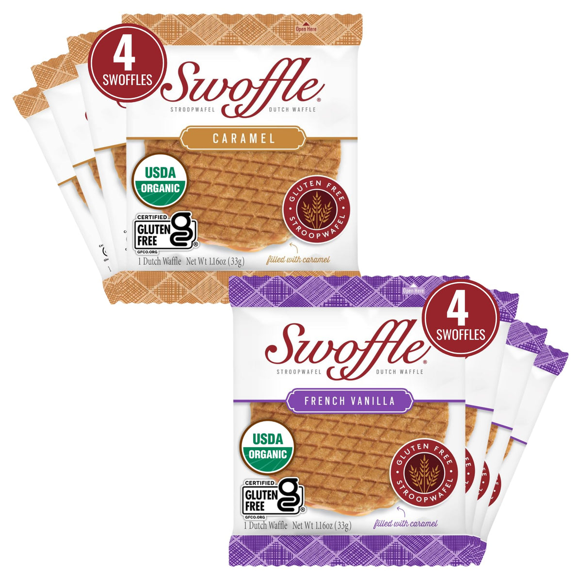 Swoffle front packaging box showing flavor variety and certifications