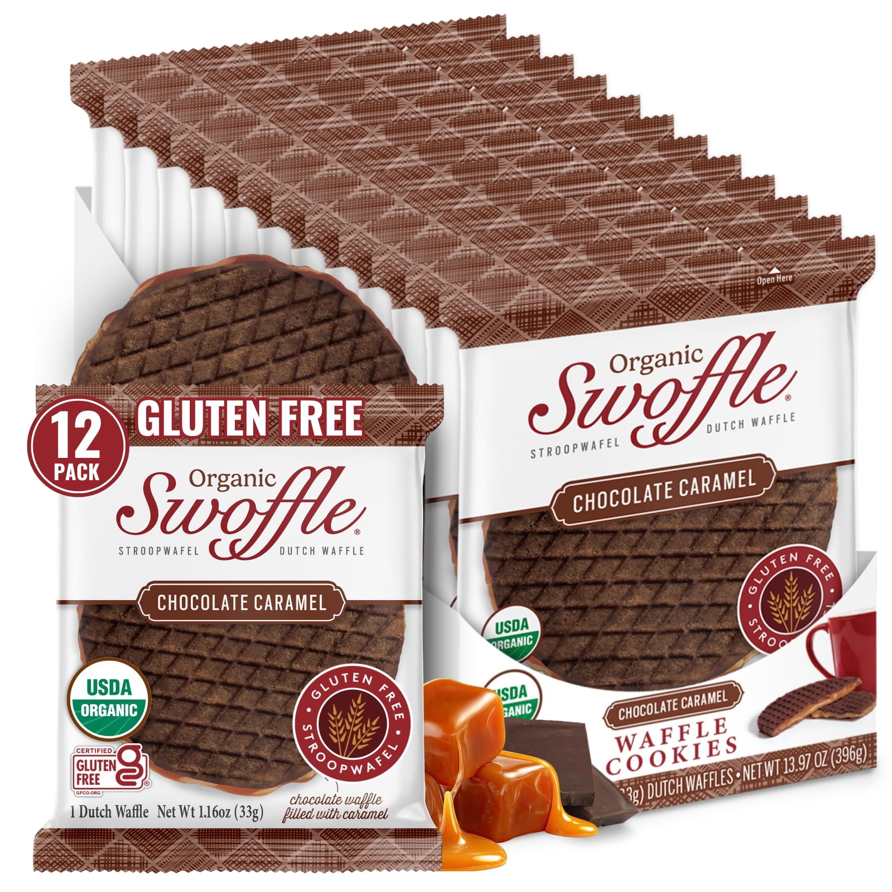 Swoffle front packaging showing chocolate caramel wafers and organic label for snack convenience
