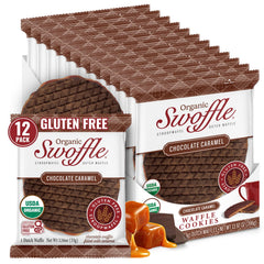 Swoffle front packaging showing chocolate caramel wafers and organic label for snack convenience