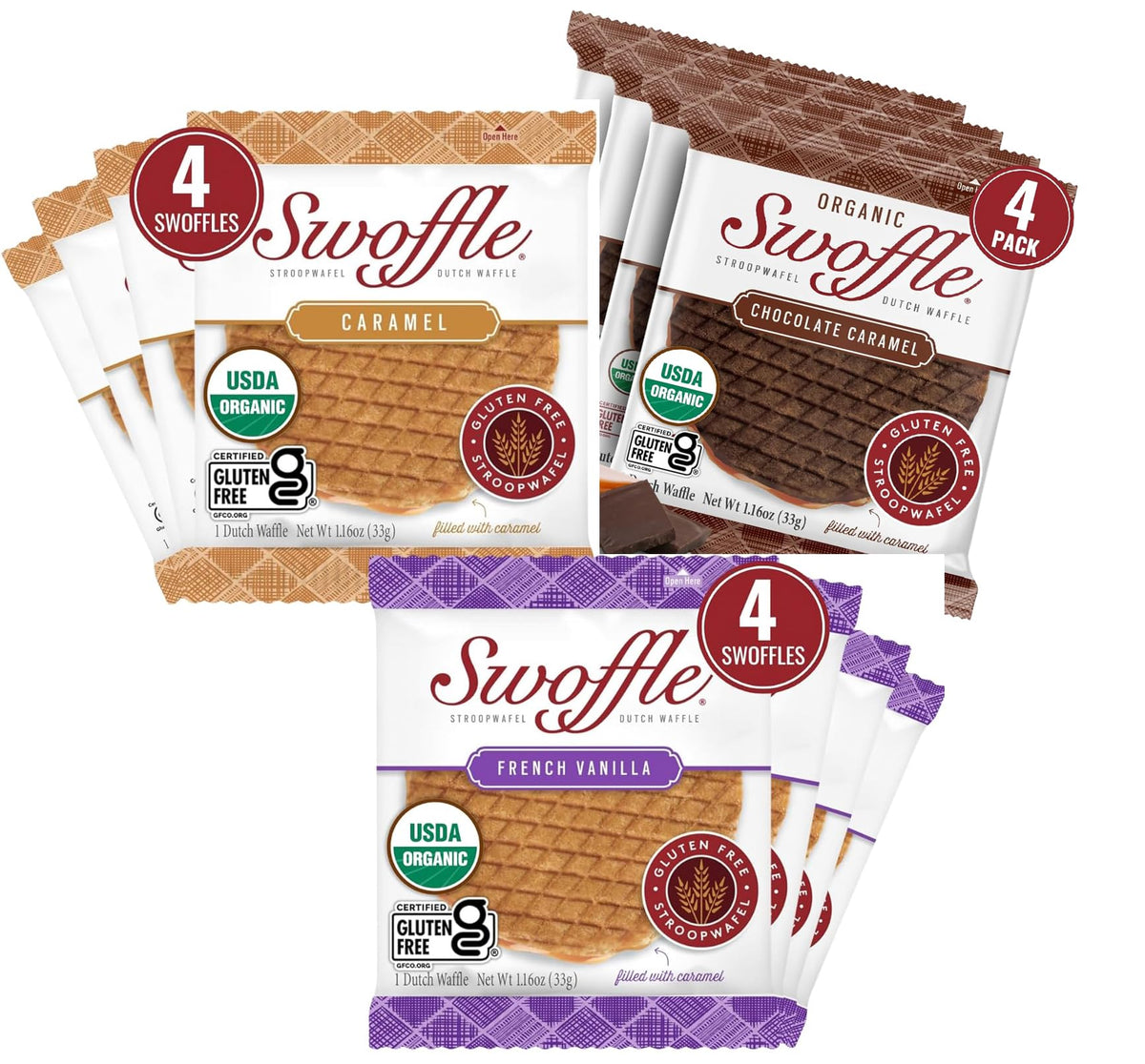 Swoffle front packaging showing variety pack and certifications for convenient allergy-safe snacking
