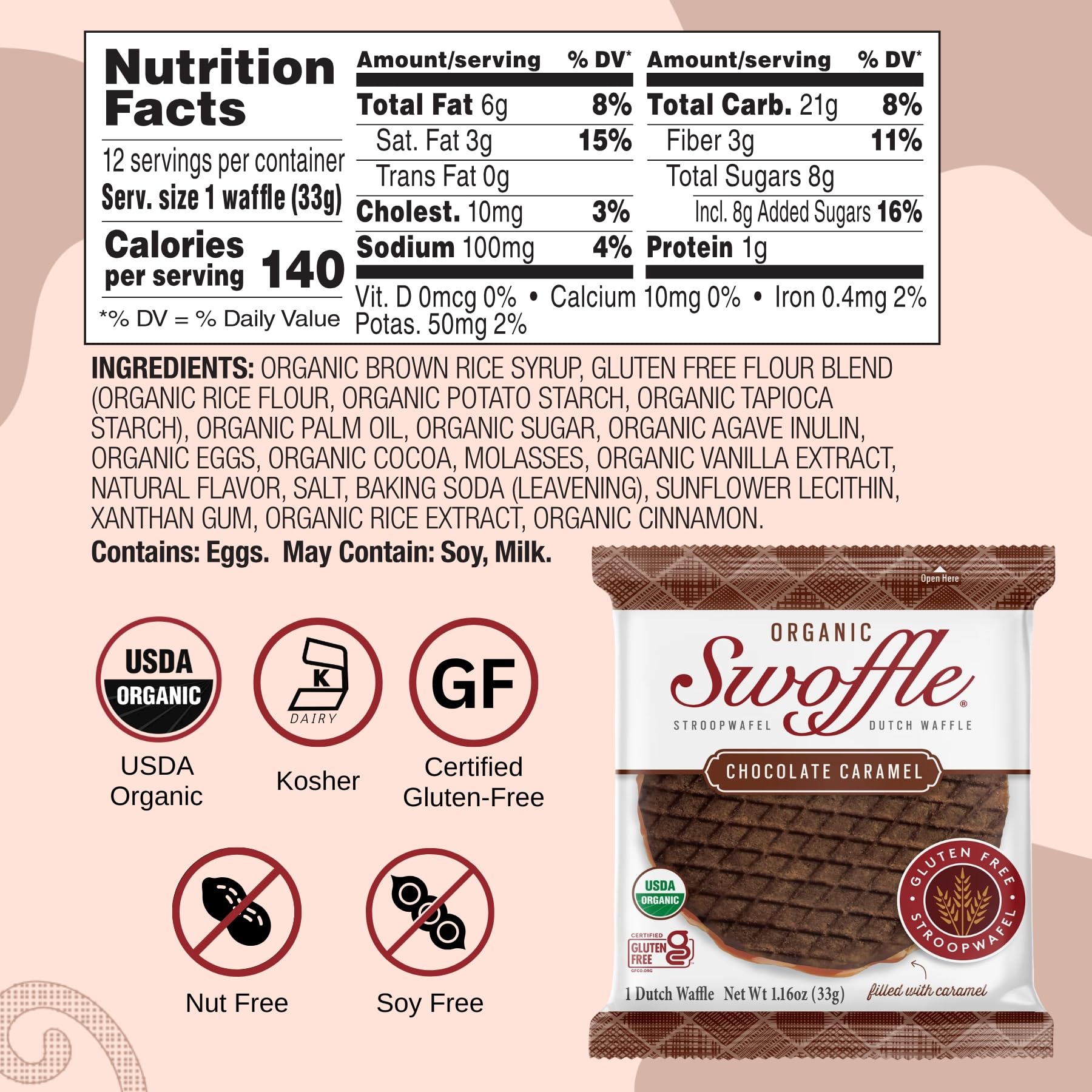 Swoffle three flavors arranged to display caramel, chocolate caramel, and French vanilla options