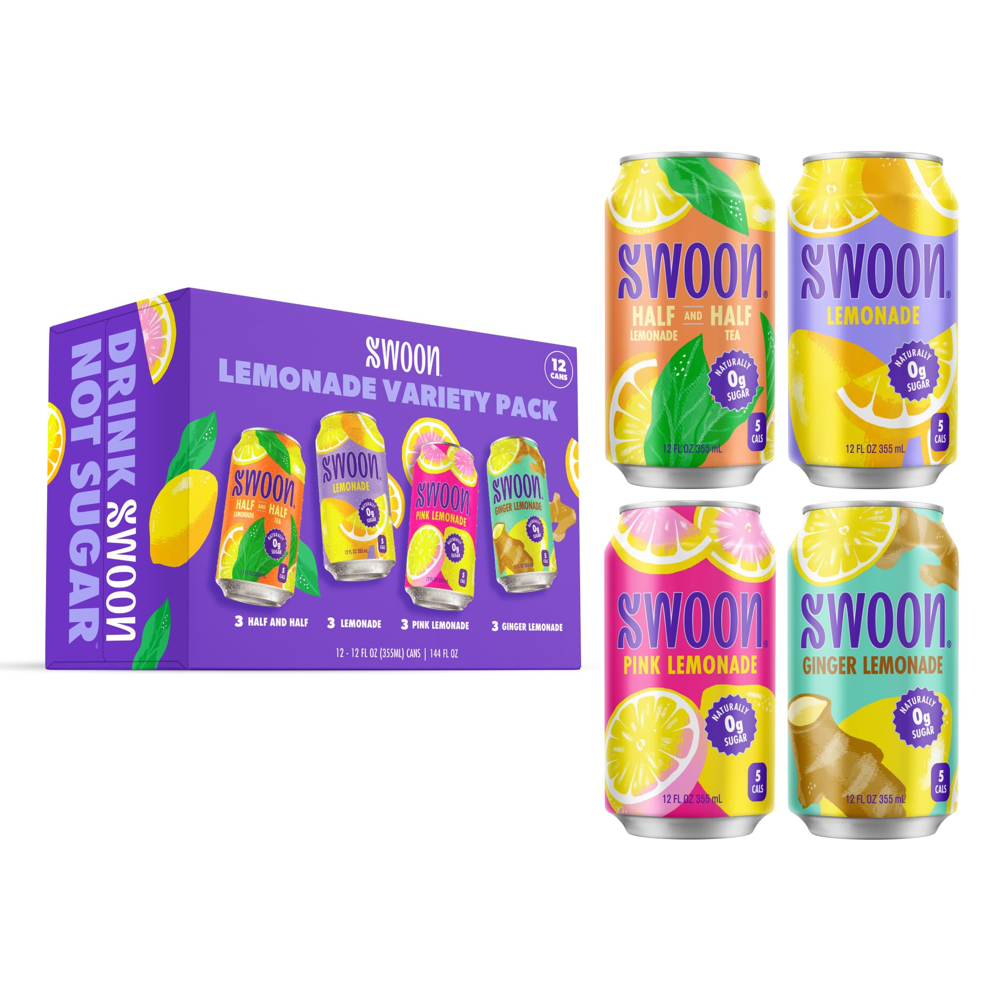 Swoon front packaging showing the 12-pack and bright cans for party-ready refreshment