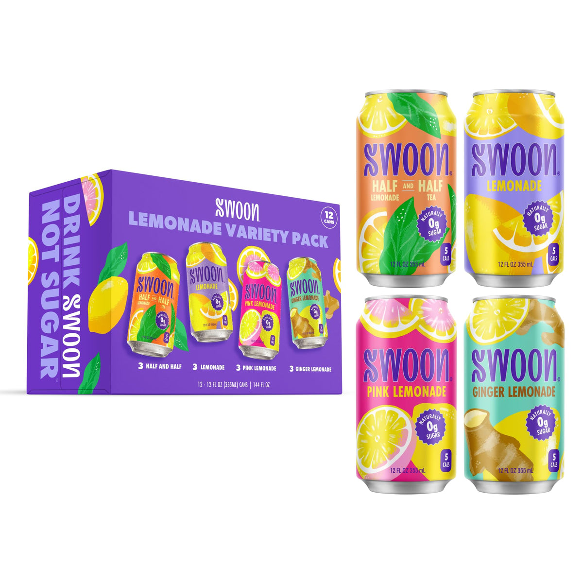 Swoon front packaging showing the 12-pack and bright cans for party-ready refreshment