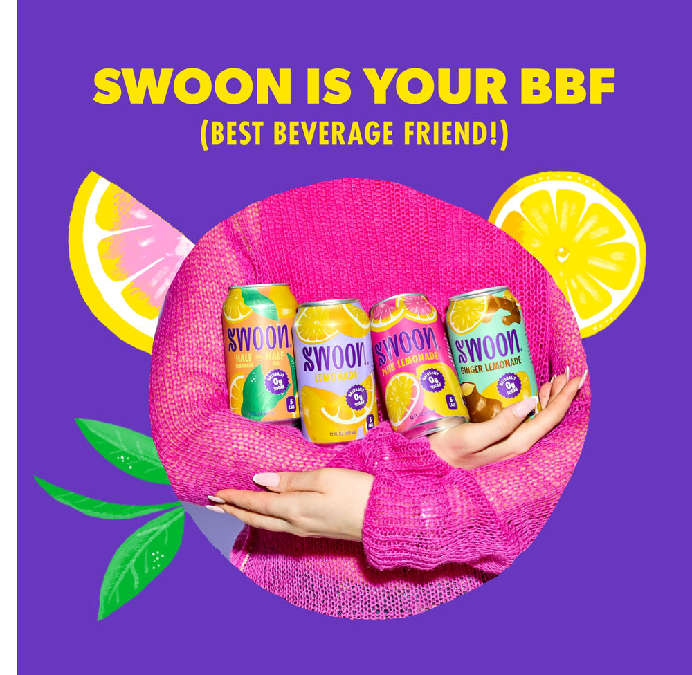 Swoon can in hand demonstrating portable 12 fl oz size for convenience
