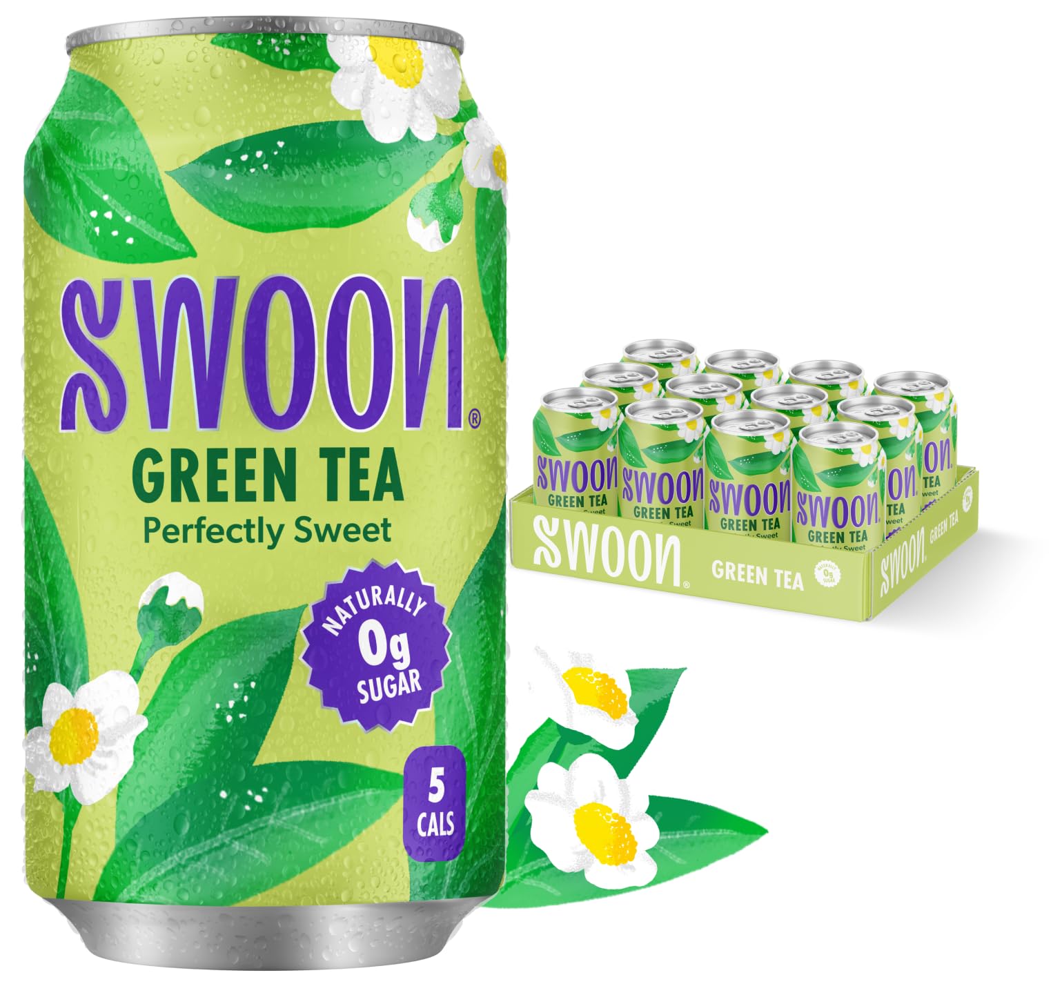 Swoon front packaging shows crisp green-tea branding and refreshing appeal