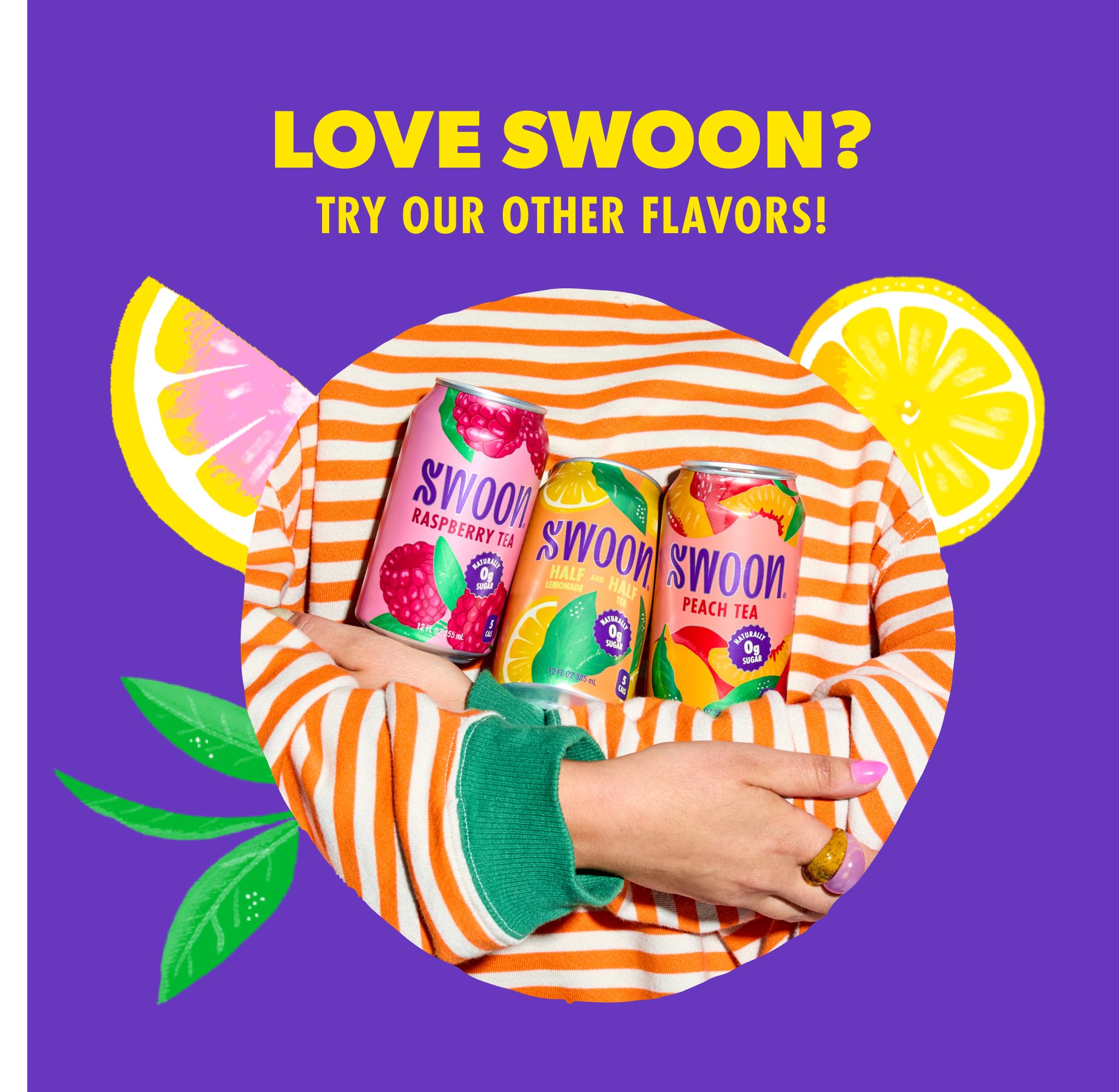 Illustration of monk fruit and stevia beside Swoon can emphasizing natural sweeteners