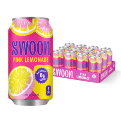 Swoon can front view showing pink lemonade branding and zero sugar benefit
