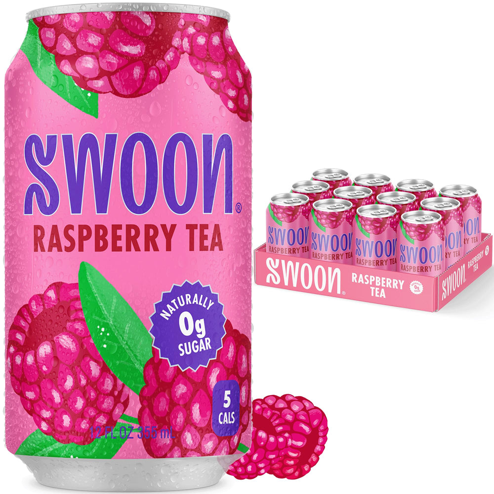 Swoon front can showing raspberry iced tea, bright flavor and zero sugar