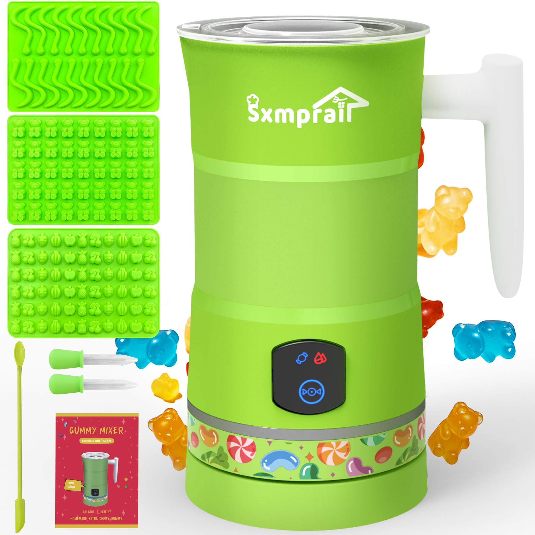 Sxmprail front view of green gummy maker showing compact design and quick setup benefit