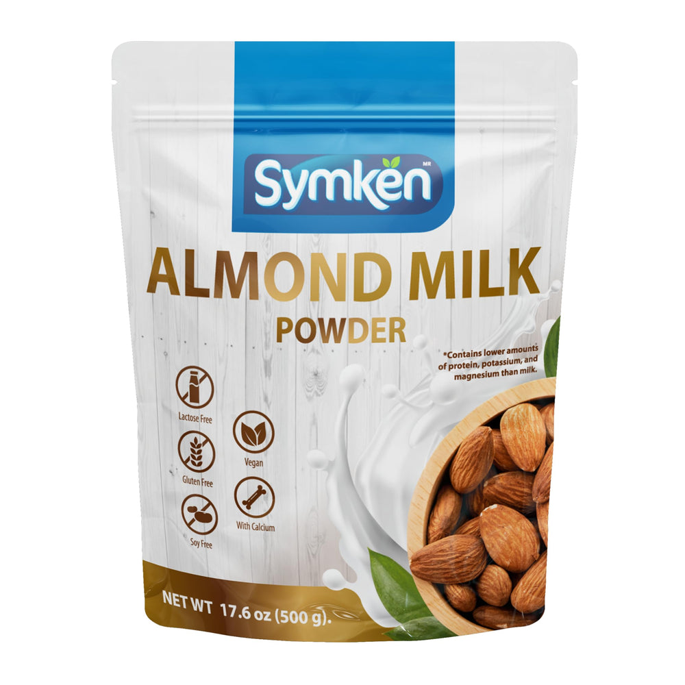 SYMKEN front packaging showing 500g unsweetened almond powder, easy storage benefit