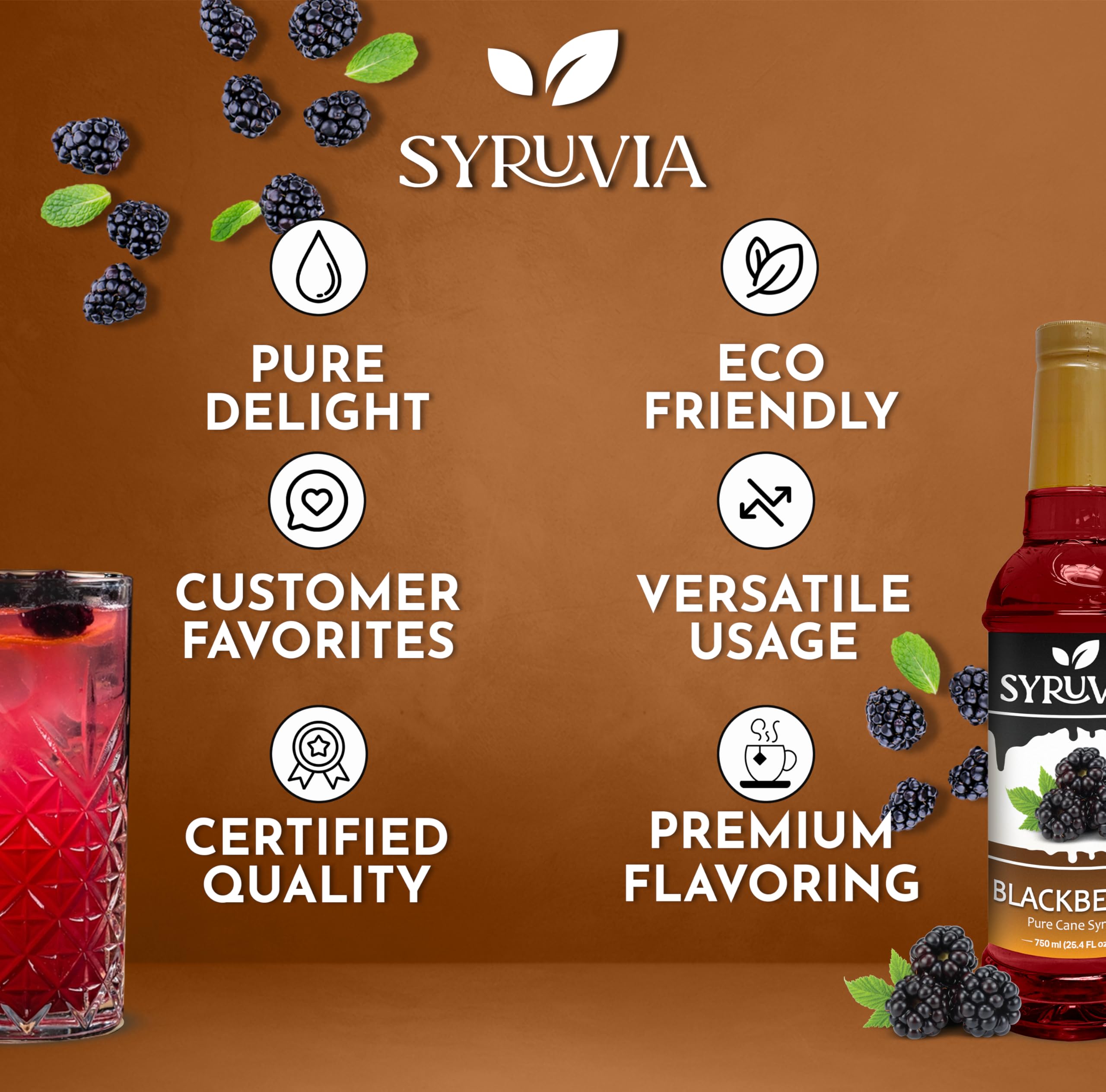 SYRUVIA bottle next to a measuring spoon showing 25.4 fl oz scale