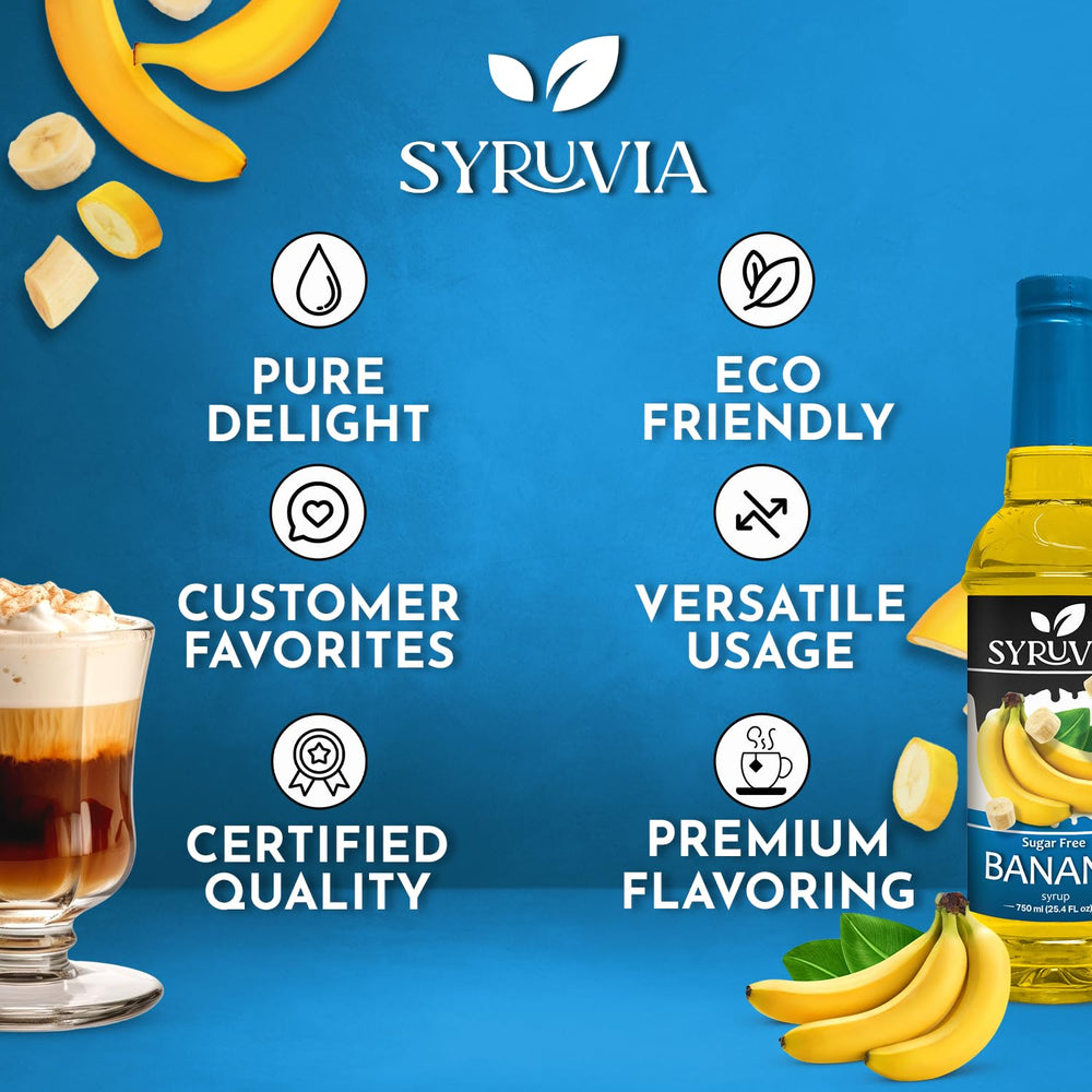 SYRUVIA bottle beside measuring cup showing 25.4 fl oz size and portion control benefit