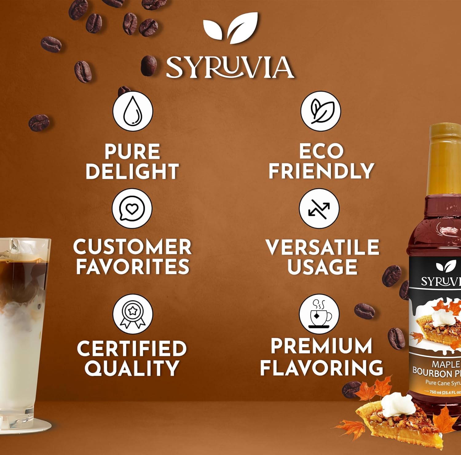 SYRUVIA bottle flatlay with maple and pecans illustrating natural flavor notes and ingredient inspiration