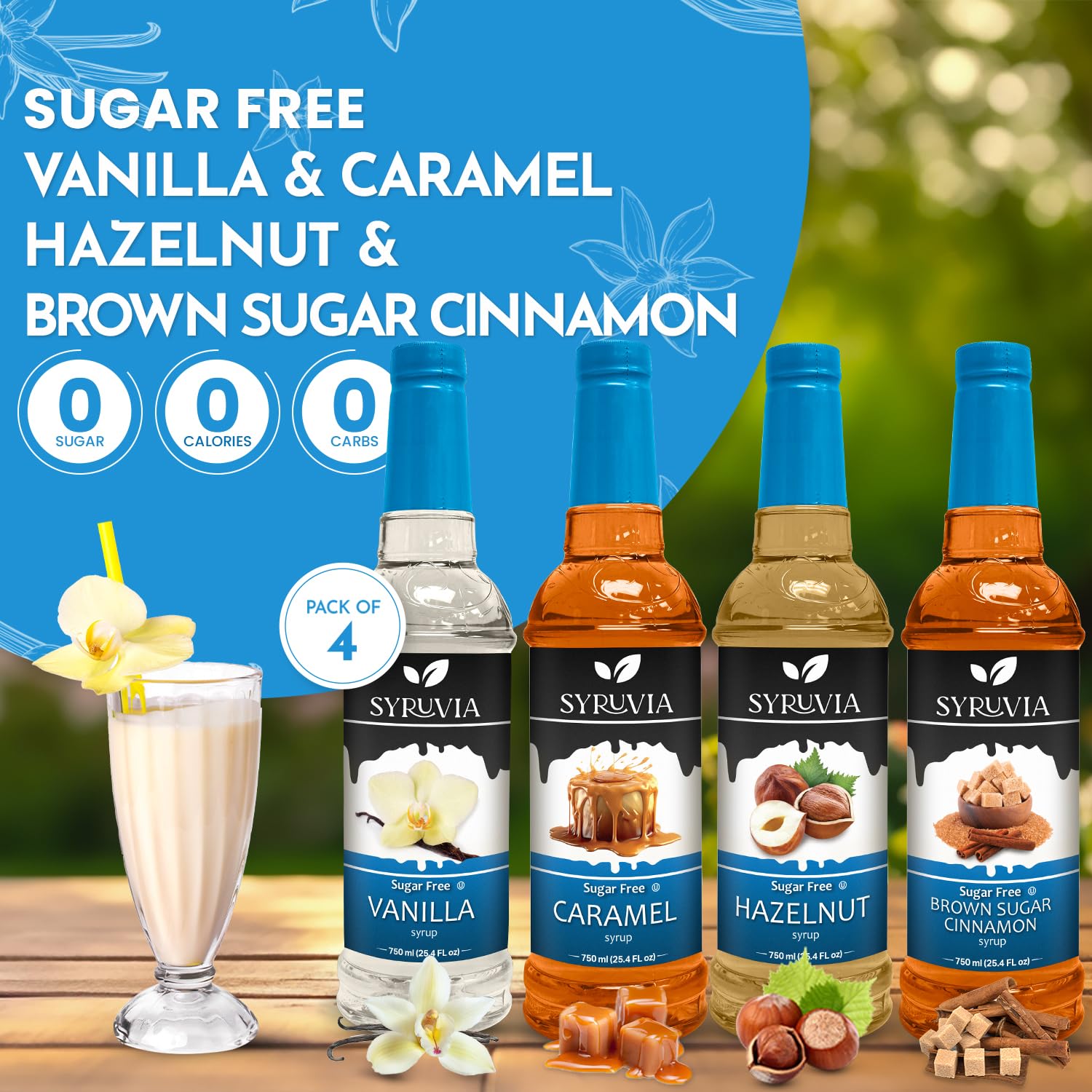SYRUVIA bottles lined up displaying Vanilla Caramel Hazelnut Brown Sugar Cinnamon