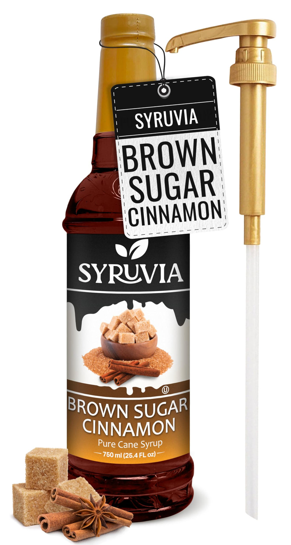 SYRUVIA front packaging showing brown sugar cinnamon flavor and pump for easy pouring