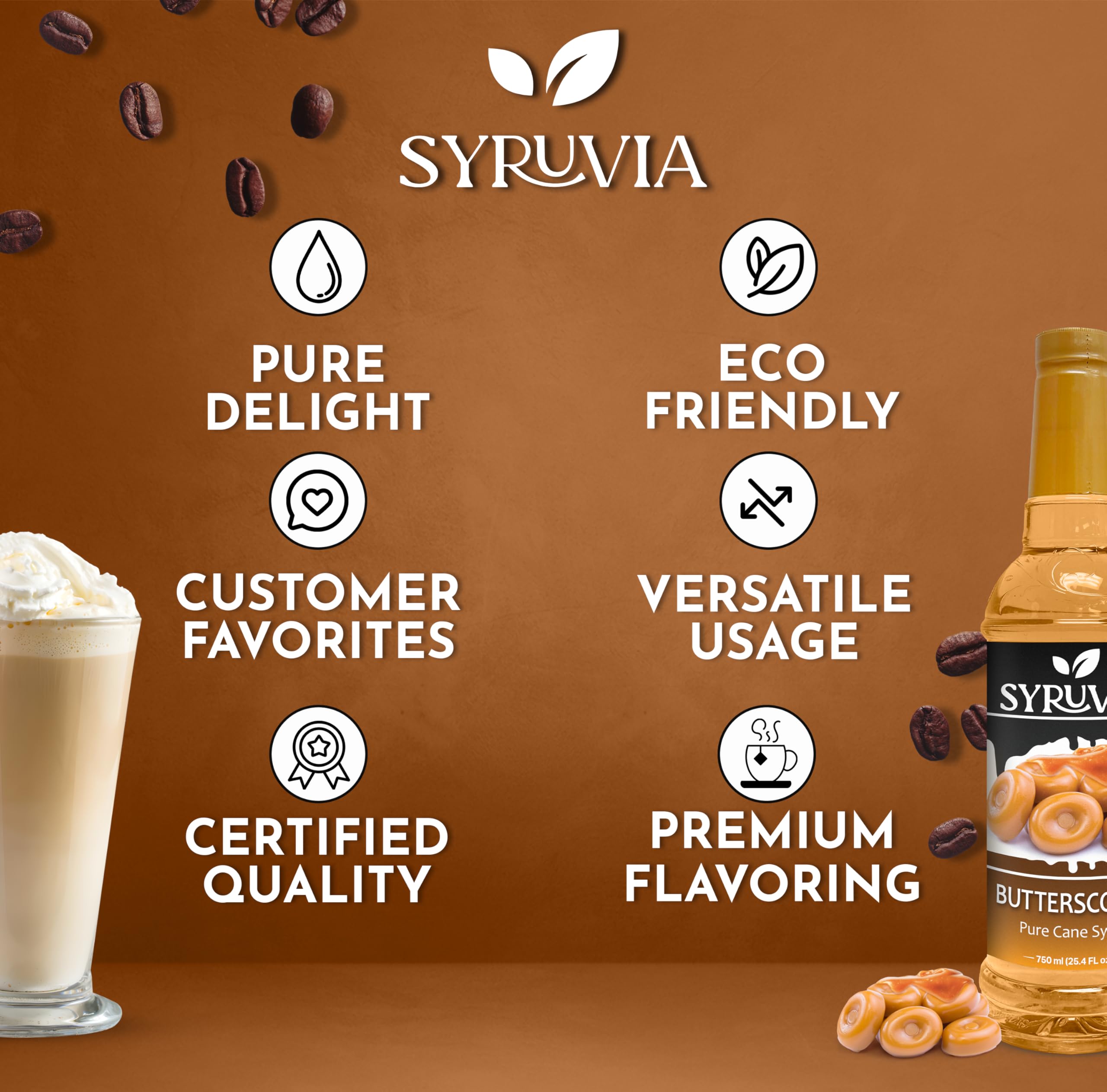 SYRUVIA bottle next to a coffee mug showing 25.4 fl oz scale