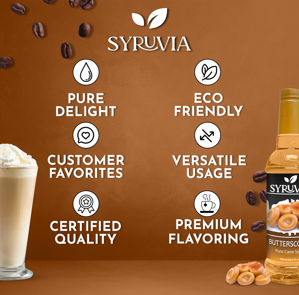 SYRUVIA bottle next to a coffee mug showing 25.4 fl oz scale