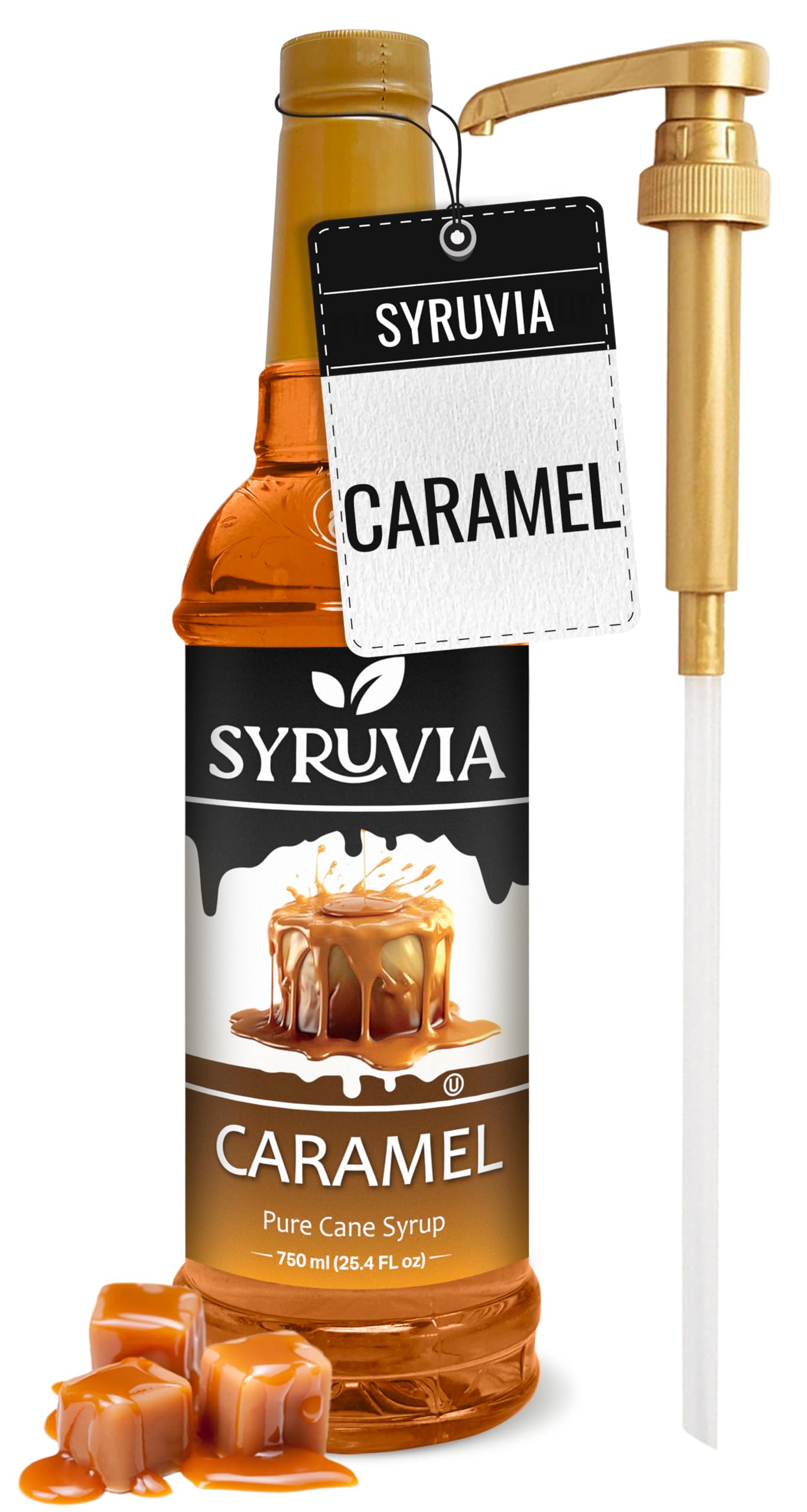 SYRUVIA front packaging showing caramel syrup and pump for easy dosing
