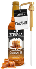 SYRUVIA front packaging showing caramel syrup and pump for easy dosing