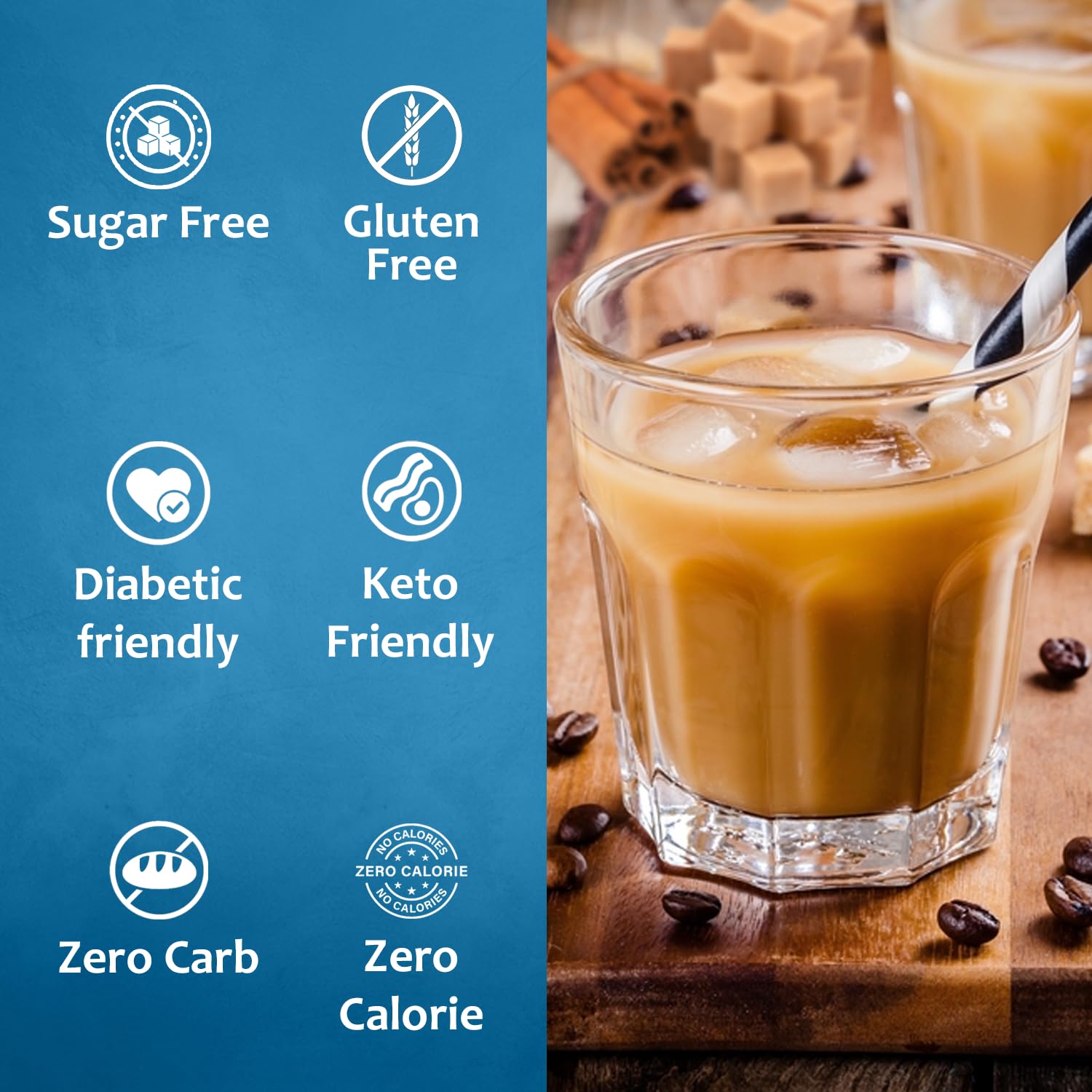 SYRUVIA caramel syrup pouring into coffee showing rich flavor enhancement