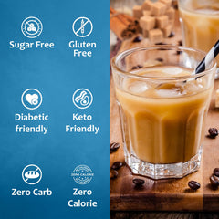 SYRUVIA caramel syrup pouring into coffee showing rich flavor enhancement