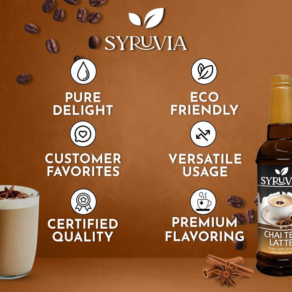 Syruvia bottle beside coffee cup showing 25.4 fl oz scale