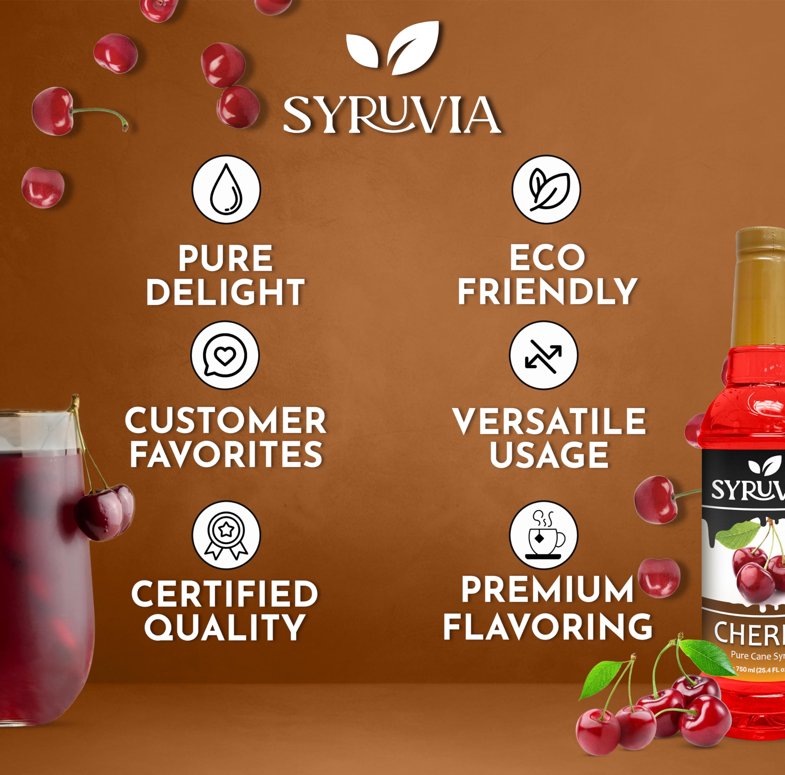 SYRUVIA mixed in iced tea cup demonstrating refreshing cherry aroma and color