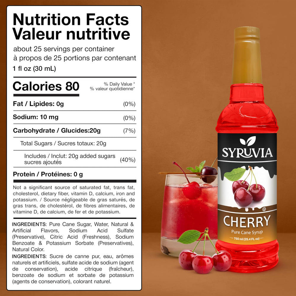 SYRUVIA label and nutrition panel close-up showing ingredients and quality assurance