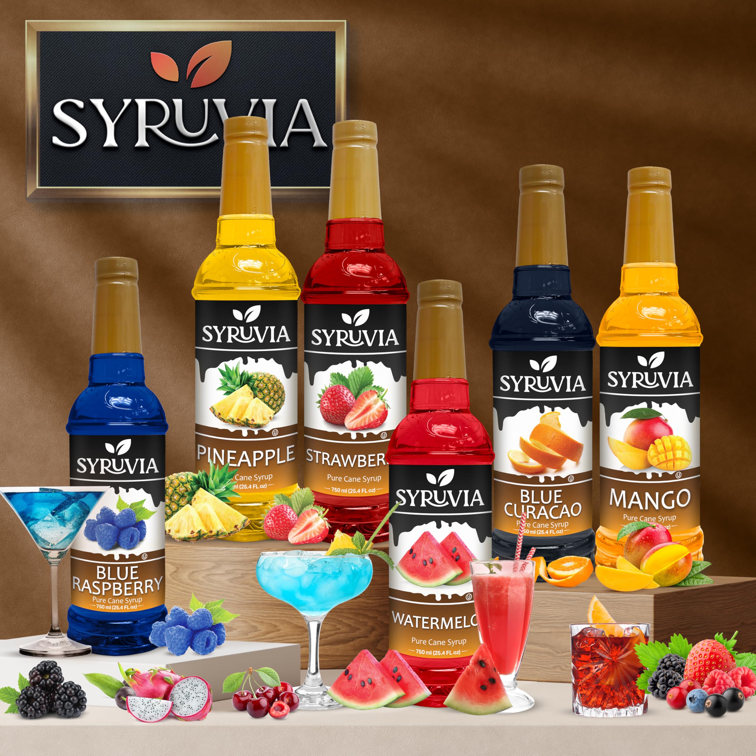 SYRUVIA bottle beside a glass for scale highlighting 25.4 fl oz convenience