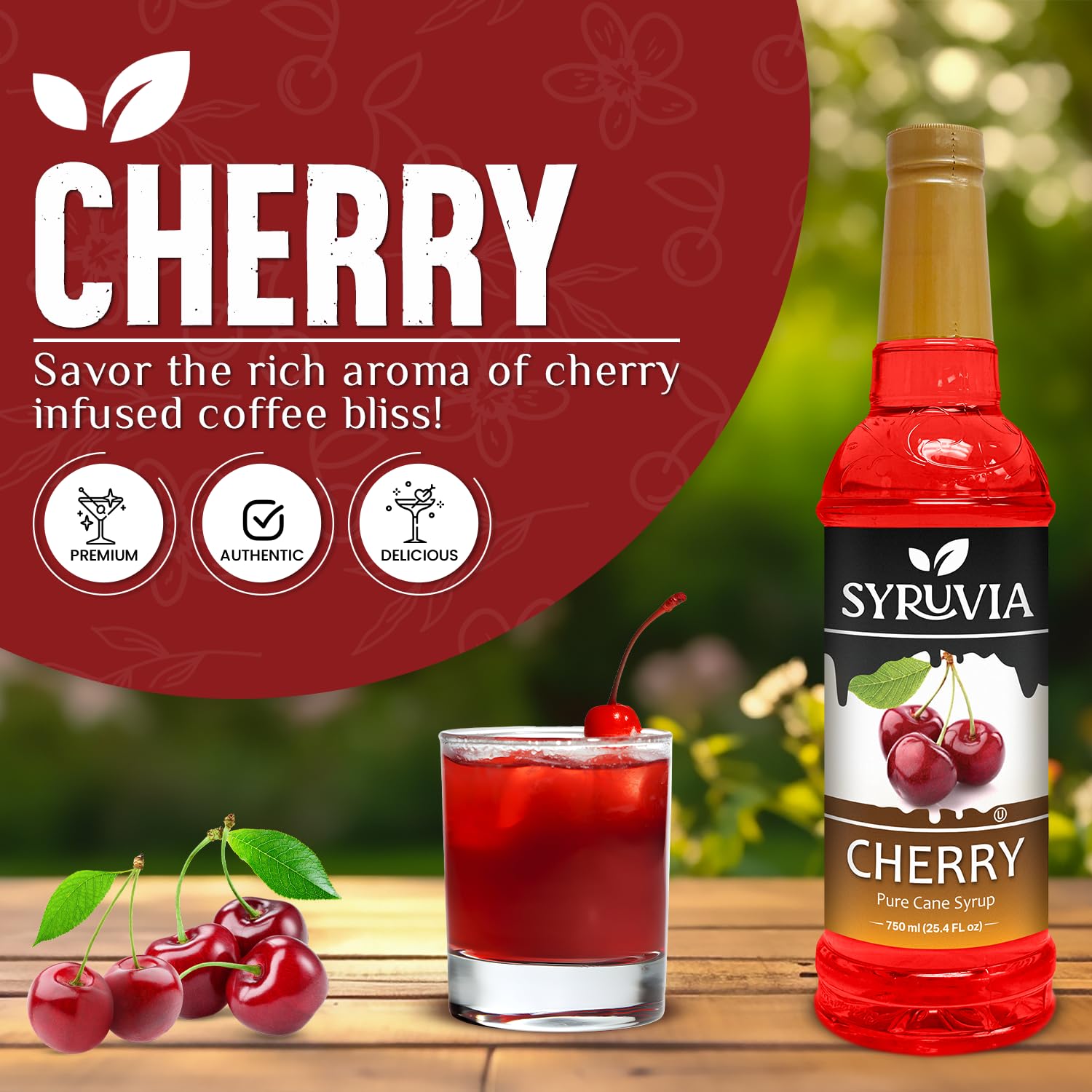 SYRUVIA syrup pouring close-up displaying rich cherry texture and easy mixing benefit