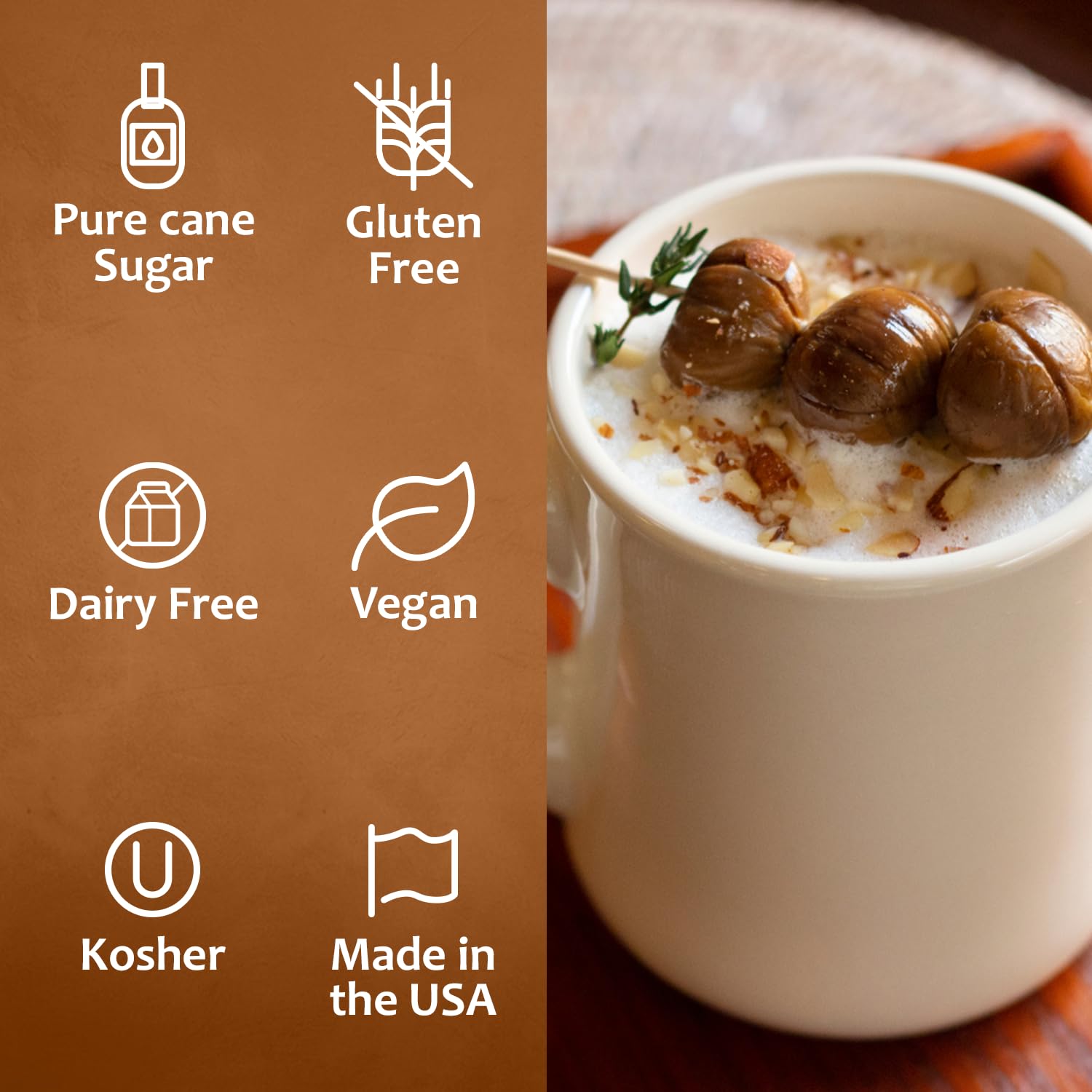 SYRUVIA pouring chestnut praline syrup into a latte to add warm, nutty flavor