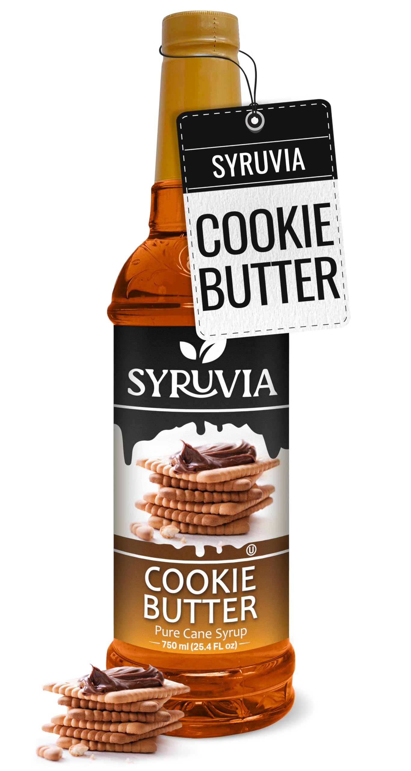 SYRUVIA bottle front view shows label and cozy cookie butter flavor benefit