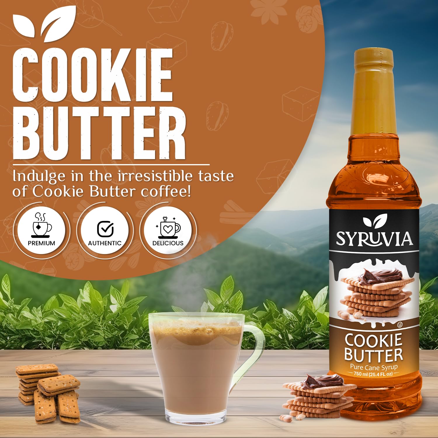SYRUVIA close-up pouring syrup into cup highlights easy mixability benefit