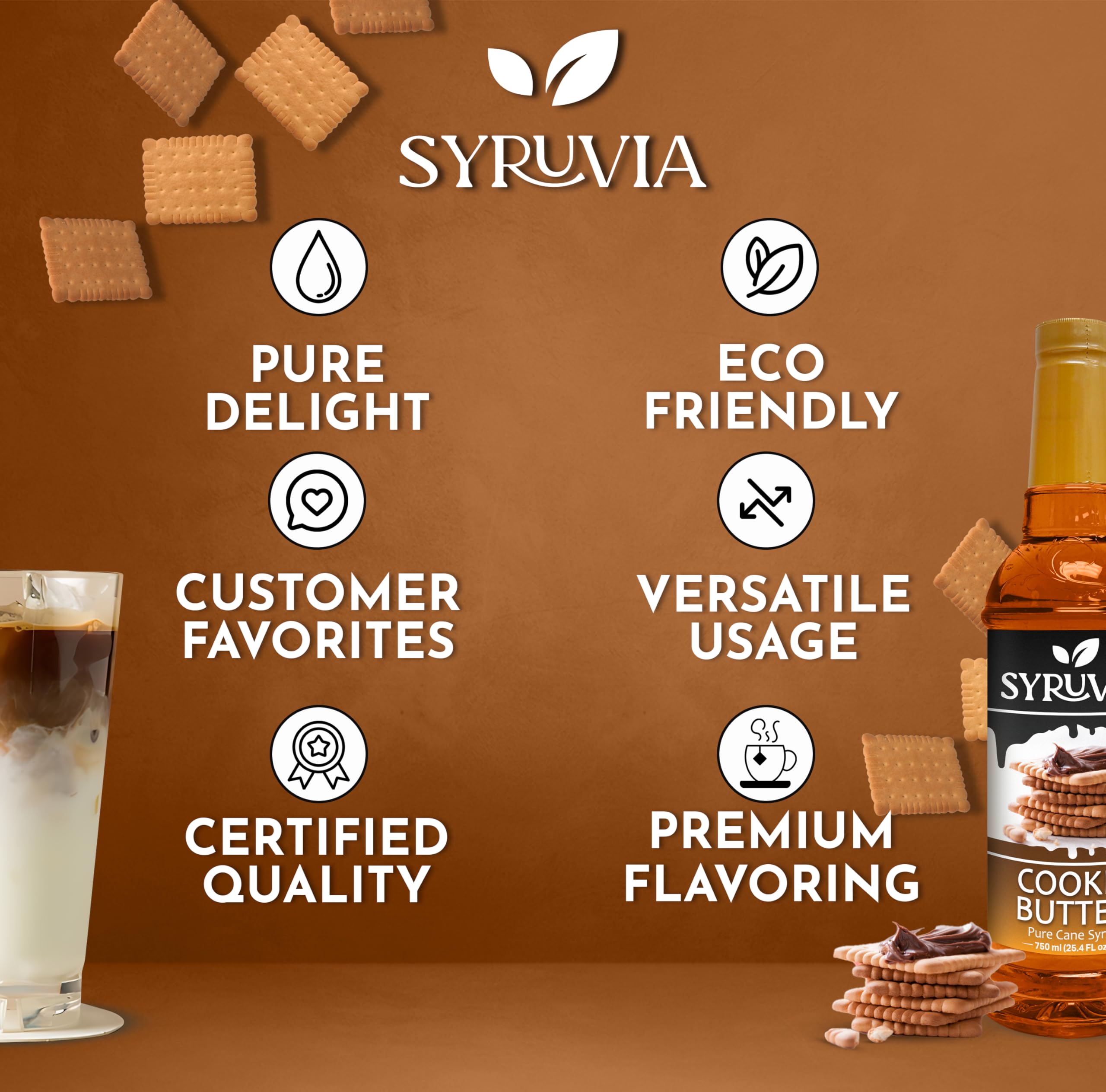 SYRUVIA bottle beside a coffee mug for scale shows generous 25.4 fl oz benefit