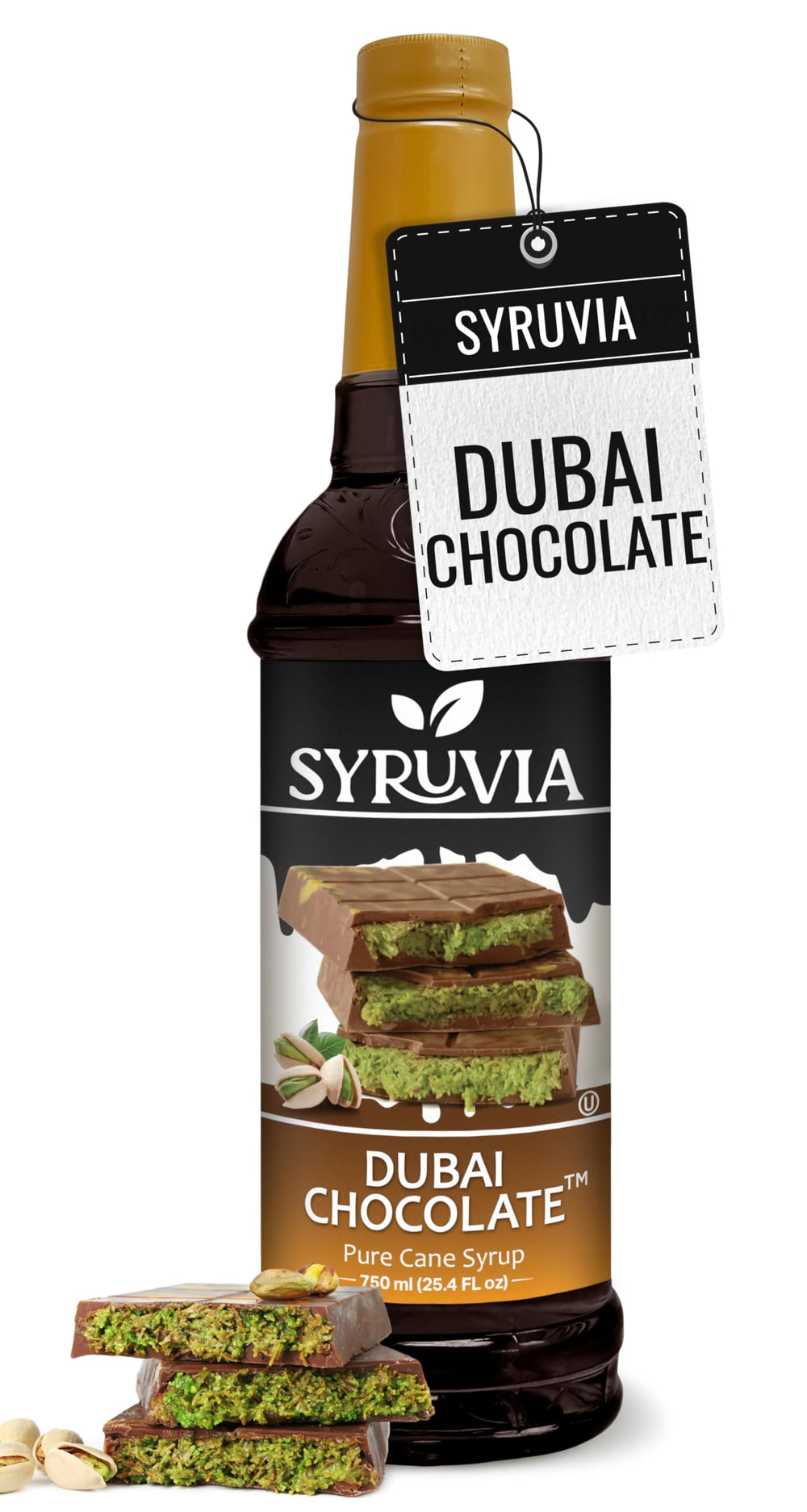 SYRUVIA front bottle view showing Dubai Chocolate syrup and clear branding benefit: easy identification