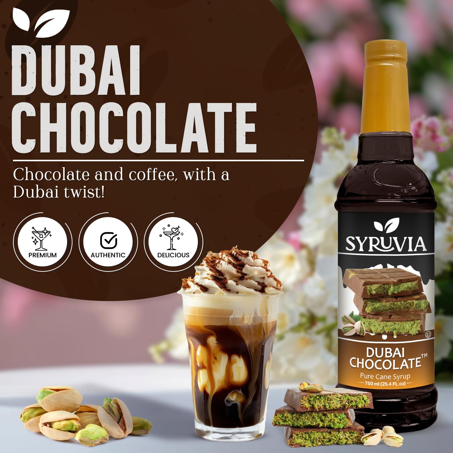 SYRUVIA close-up of label highlighting Dubai Chocolate flavor and quality manufacturing benefits